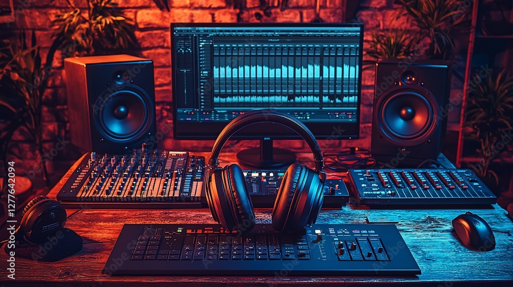Music studio setup, night, home studio, audio production, mixing console, headphones, speakers.  Use Music production tutorial